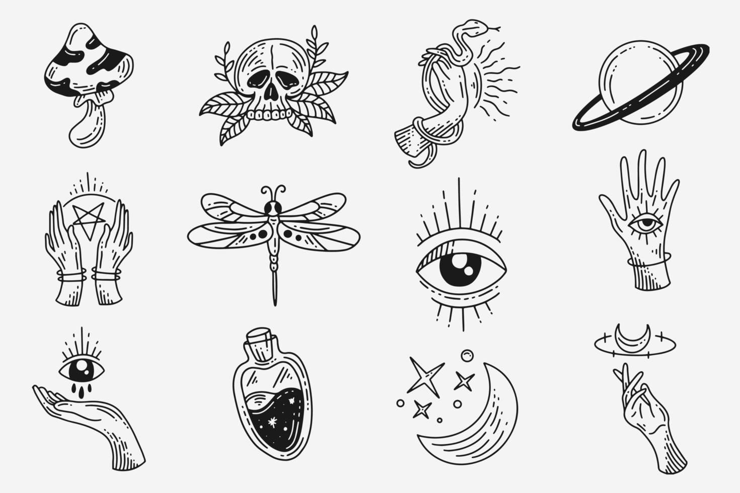 conjunto colección místico celestial oscuro santo sencillo minimalismo tatuaje clipart símbolo espacio garabato esotérico elementos vintage ilustración vector