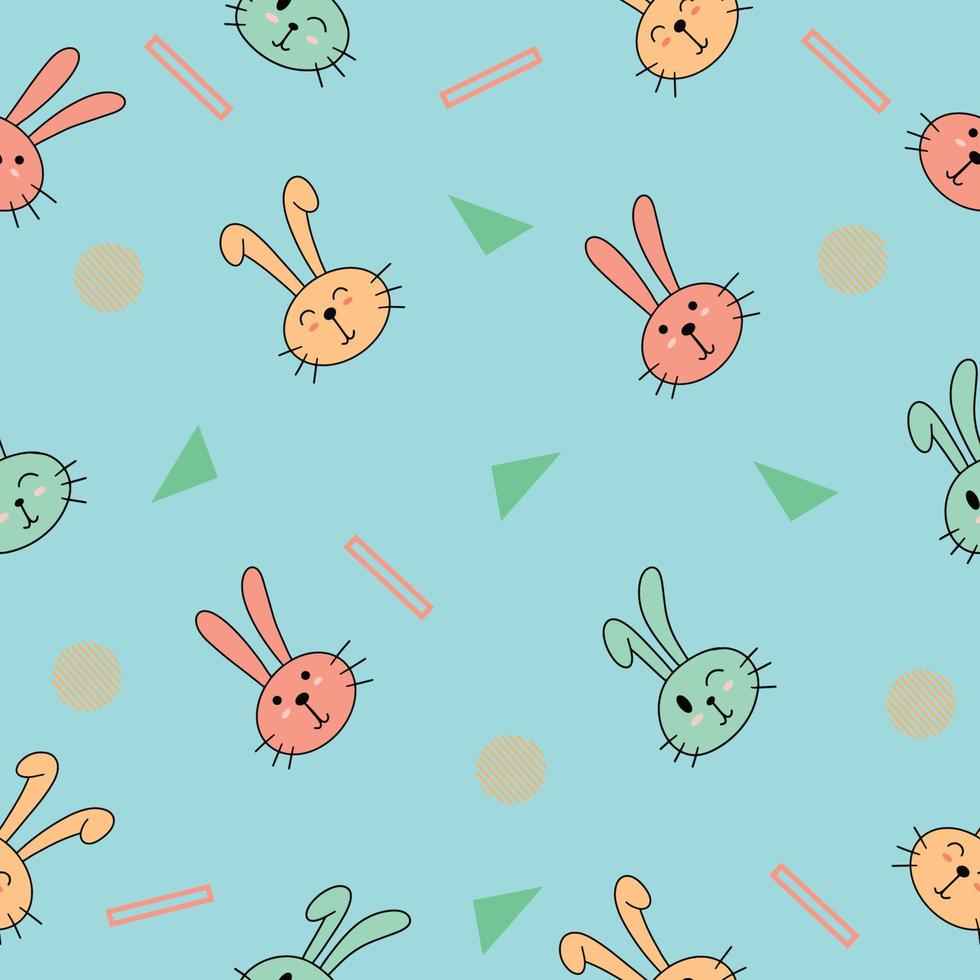 cute many rabbit head animal seamless pattern blue and green object wallpaper with design sea blue. vector