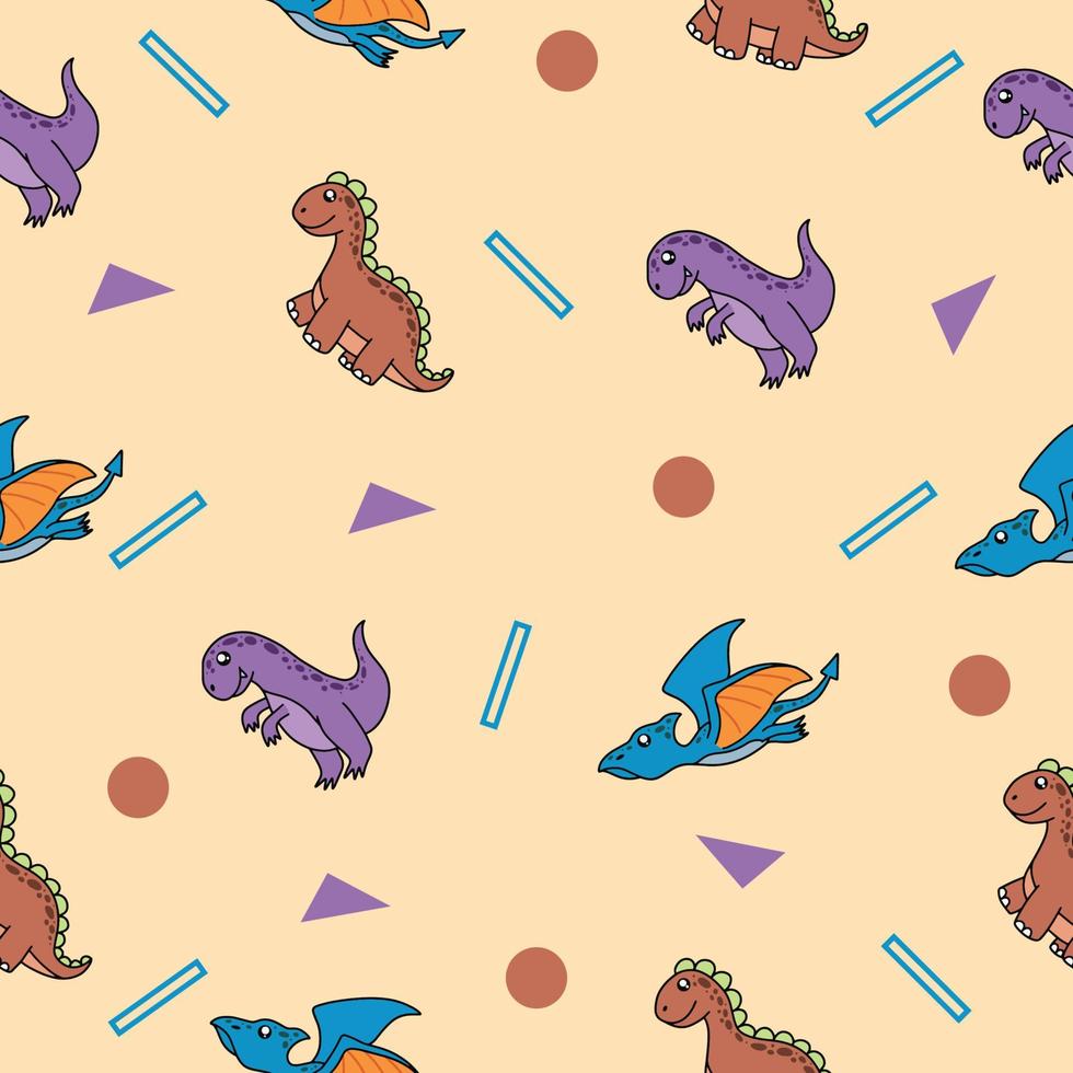 lindo muchos coloridos dinosaurios animales de patrones sin fisuras colorido objeto fondo de pantalla con crema de diseño. vector