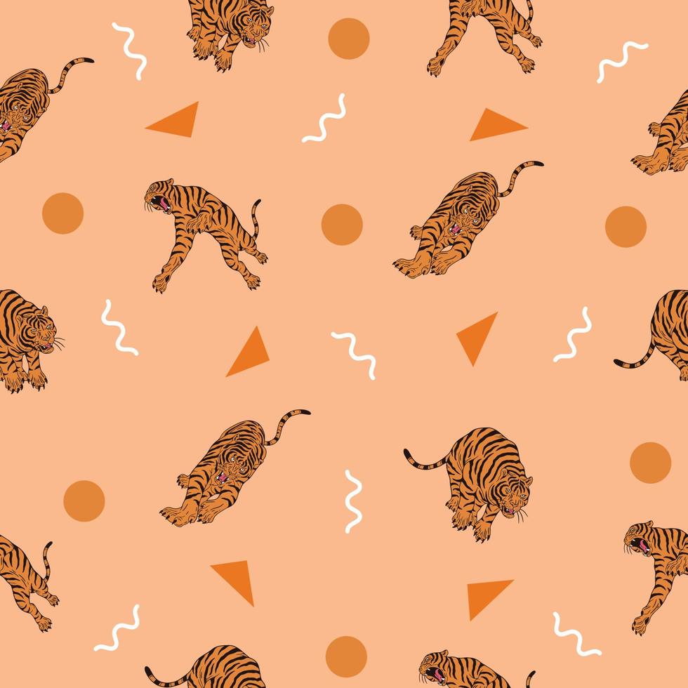cute many tiger animal seamless pattern white and orange object wallpaper with design. vector