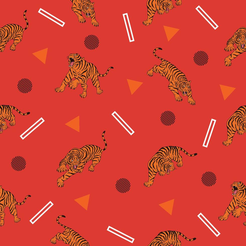 cute many tiger animal seamless pattern white and orange object wallpaper with design red. vector