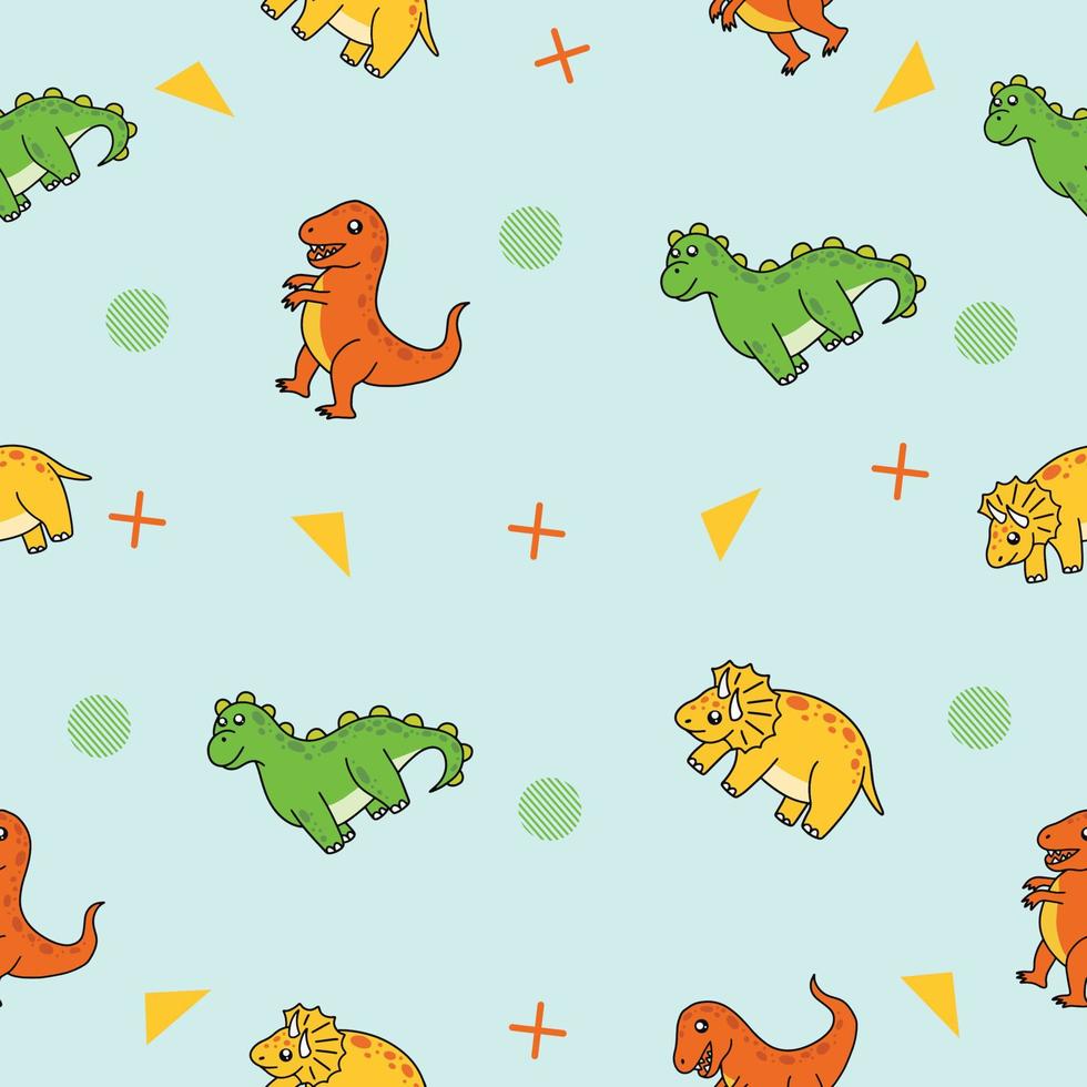 lindo muchos verde naranja y amarillo dinosaurio animal patrón sin costuras objeto papel tapiz con diseño azul verdoso. vector