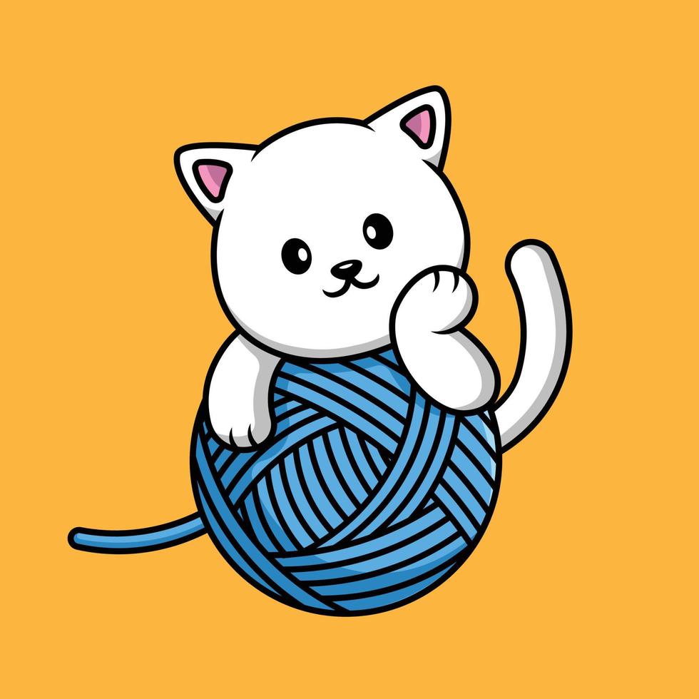 Cute Cat With Yarn Ball Cartoon Vector Icon Illustration. Animal Icon Concept Isolated Premium Vector.