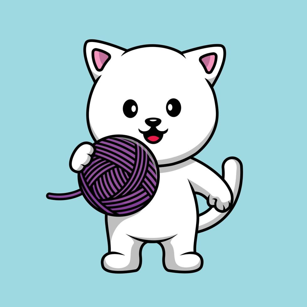 Cute Cat Holding Yarn Ball Cartoon Vector Icon Illustration. Animal Icon Concept Isolated Premium Vector.