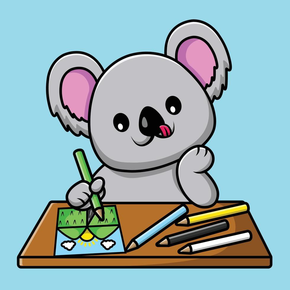 Cute Koala Drawing Mountain With Crayon And Paper On Table Cartoon Vector Icon Illustration. Animal Object Icon Concept Isolated Premium Vector.