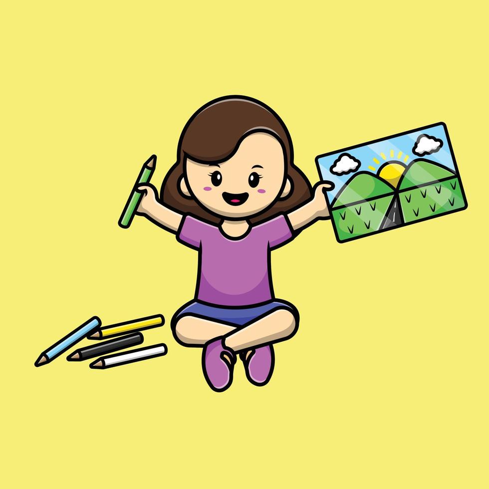 .Cute Girl Drawing Mountain With Crayon Cartoon Vector Icon Illustration. People Education Icon Concept Isolated Premium Vector.