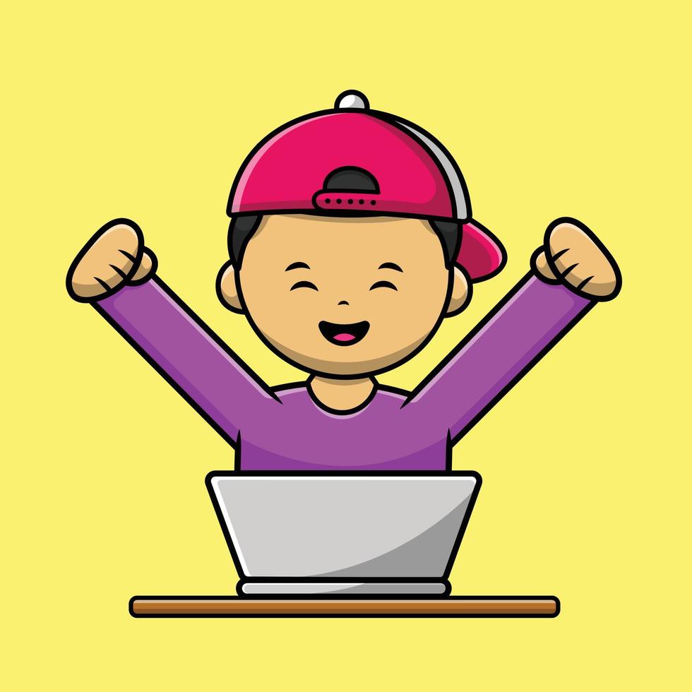 niño lindo con ilustración de icono de vector de dibujos animados de computadora portátil. concepto de icono de tecnología de personas vector premium aislado.