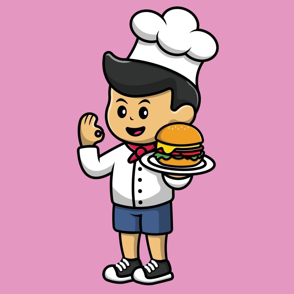 Cute Chef With Burger Cartoon Vector Icon Illustration. People Food Icon Concept Isolated Premium Vector.