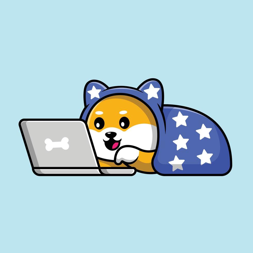 Cute Shiba Inu Dog Playing Laptop And Wearing Blanket Cartoon Vector Icon Illustration. Animal Technology Icon Concept Isolated Premium Vector