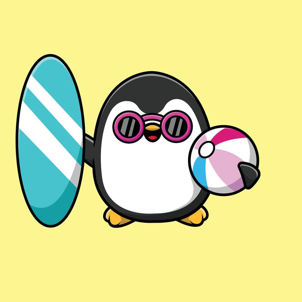 Ilustración de icono de vector de dibujos animados de verano de pingüino lindo. concepto de verano animal aislado vector premium