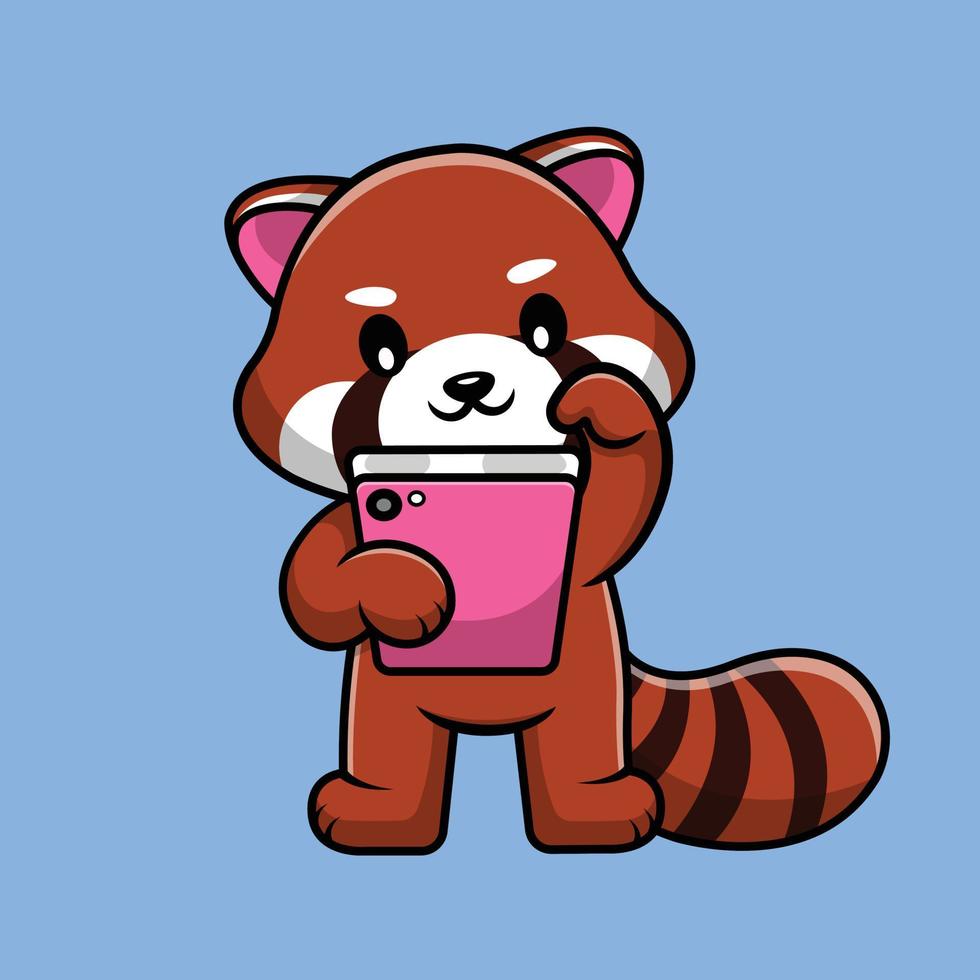 lindo panda rojo tocando la ilustración del icono del vector de dibujos animados del teléfono móvil. concepto de icono de tecnología animal vector premium aislado.