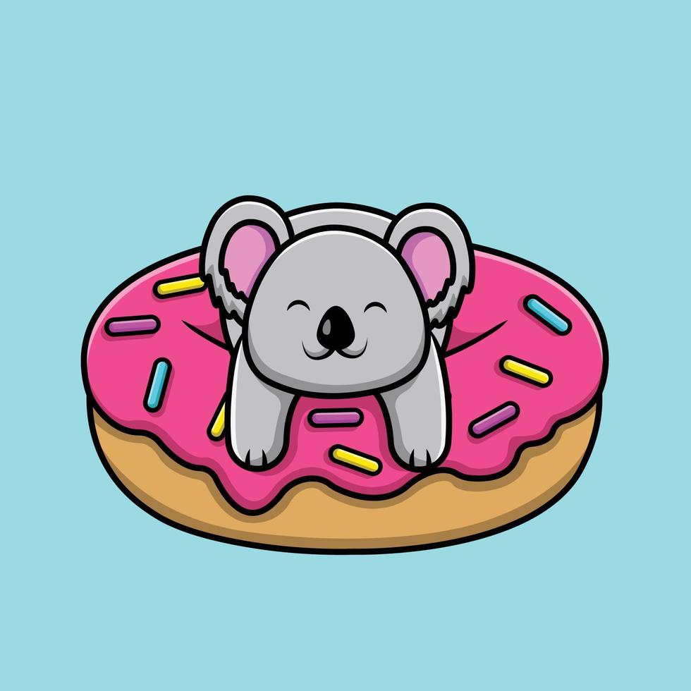 Cute Koala On Doughnut Cartoon Vector Icon Illustration. Animal Food Icon Concept Isolated Premium Vector.
