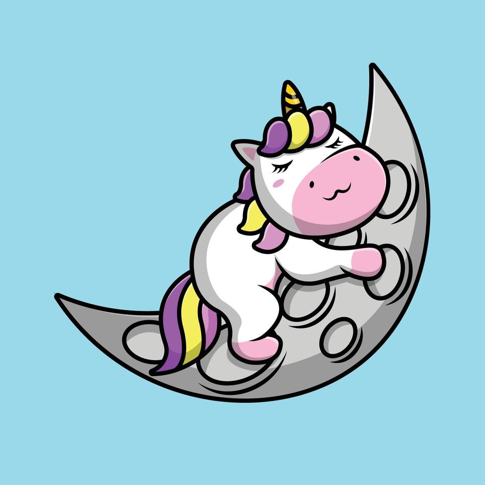 Cute Unicorn Sleeping On Moon Cartoon Vector Icon Illustration. Animal Icon Concept Isolated Premium Vector.