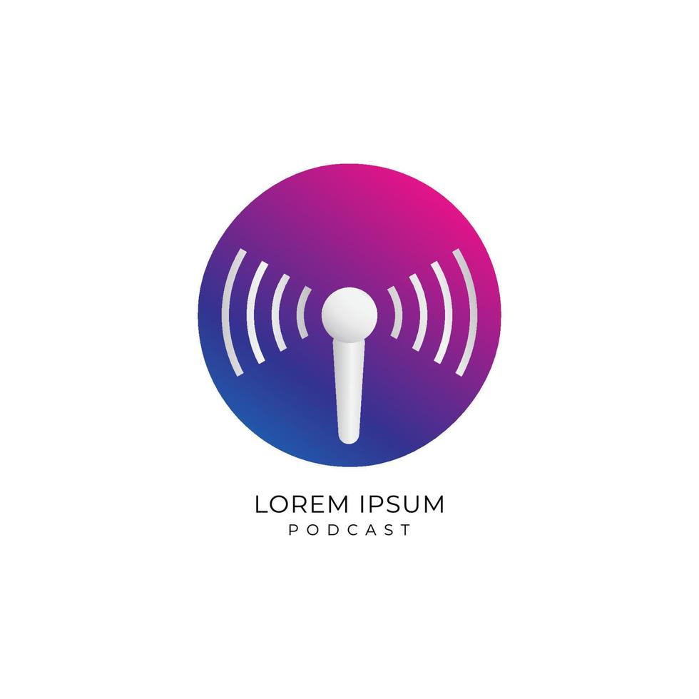 plantilla de diseño de logotipo de podcast colorido. ilustración del icono del micrófono con onda de señal y forma de elipse detrás. color de gradación magenta, púrpura, azul vector