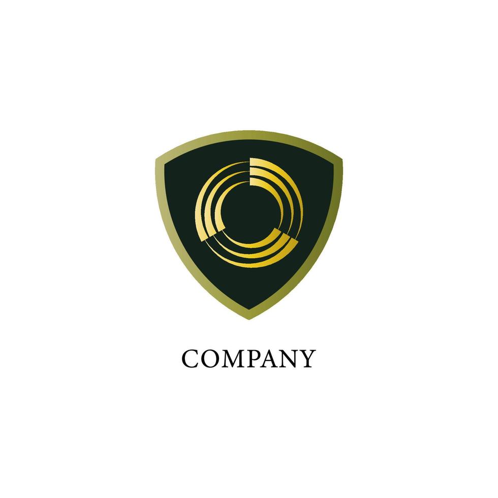 Dark Green Shield sign with gold cycle illustration in the midle. Recycle Guard Logo Design Template. Security Logo Concept isolated on white background vector