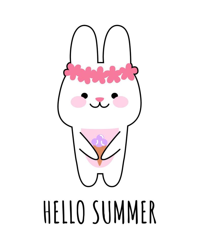 A happy cute hare in a wreath of flowers eats ice cream. The concept of hello summer. Vector kawaii illustration for prints, postcards, banners, templates.