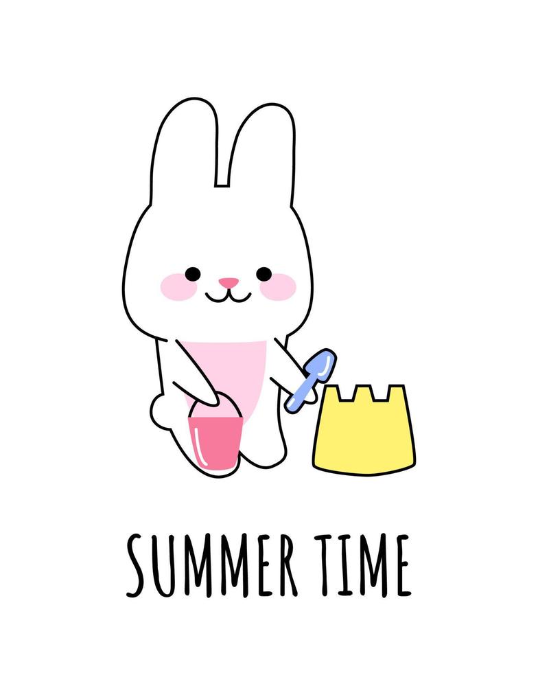 A cute happy rabbit builds a sand castle. The concept of summer time. Vector kawaii illustration for print, card, poster, banner, template.