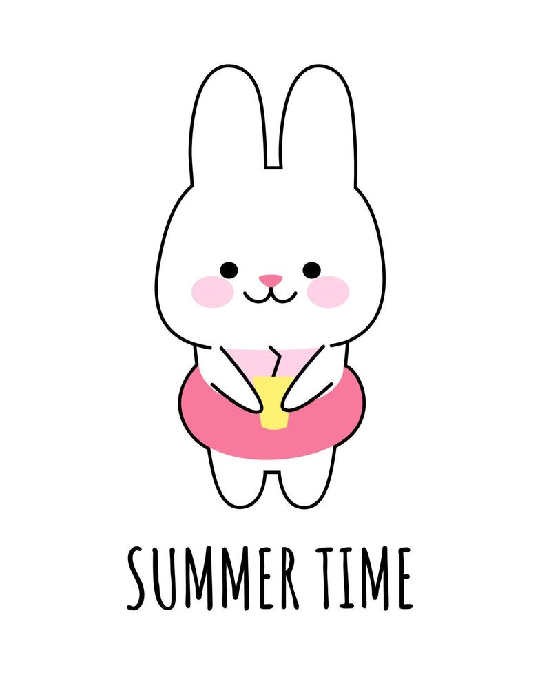A happy cute hare in an inflatable circle drinks a cocktail. The concept of summer time. Vector kawaii illustration for prints, postcards, banners, templates.