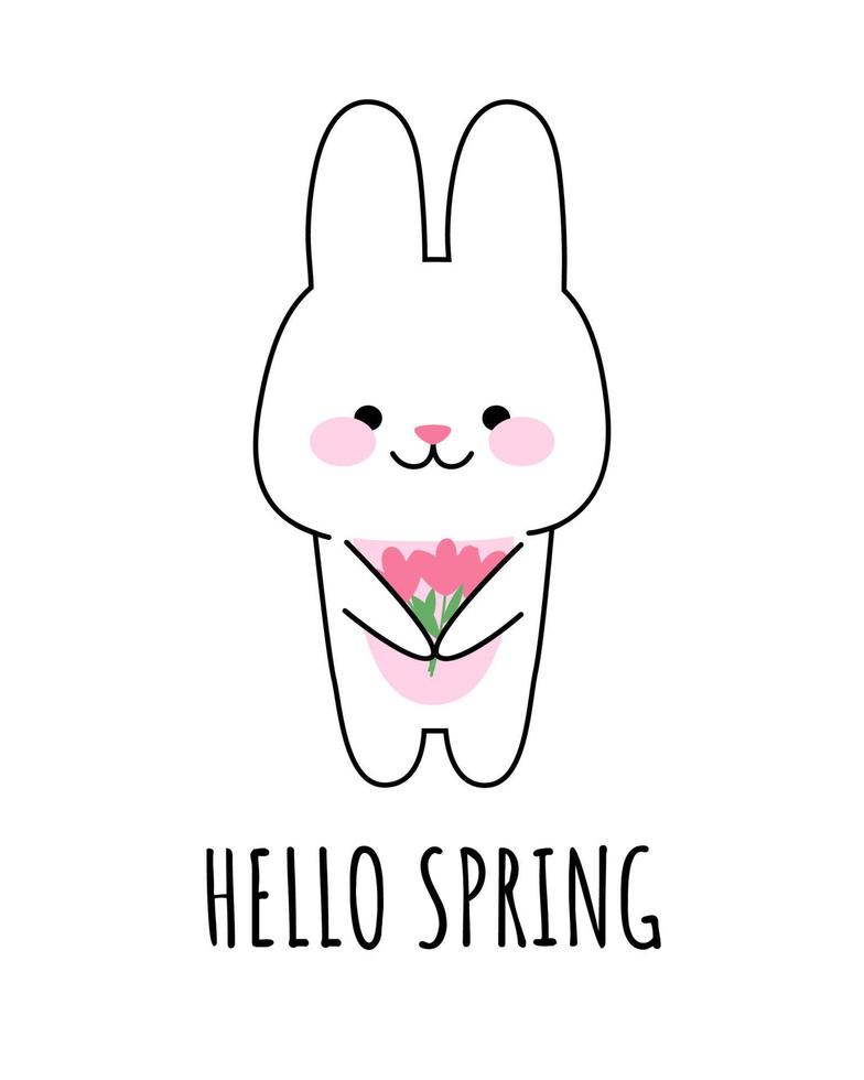 Happy cute bunny with flowers. The inscription hello spring. Vector kawaii illustration for prints, postcards, banners, templates.