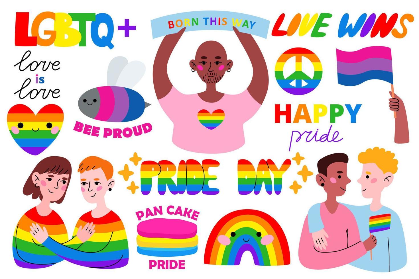 Set LGBT elements. Colorful set of LGBTQ Pride cliparts. LGBT flags, rainbow, hearts, couple gay and lesbian. Collection of LGBTQ community elements. Vector flat cartoon illustration.