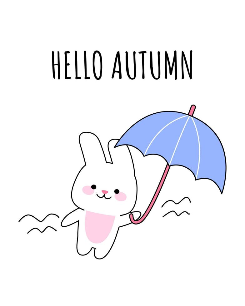 A happy cute rabbit with umbrella. The concept of hello autumn. Vector kawaii illustration for prints, postcards, banners, templates.