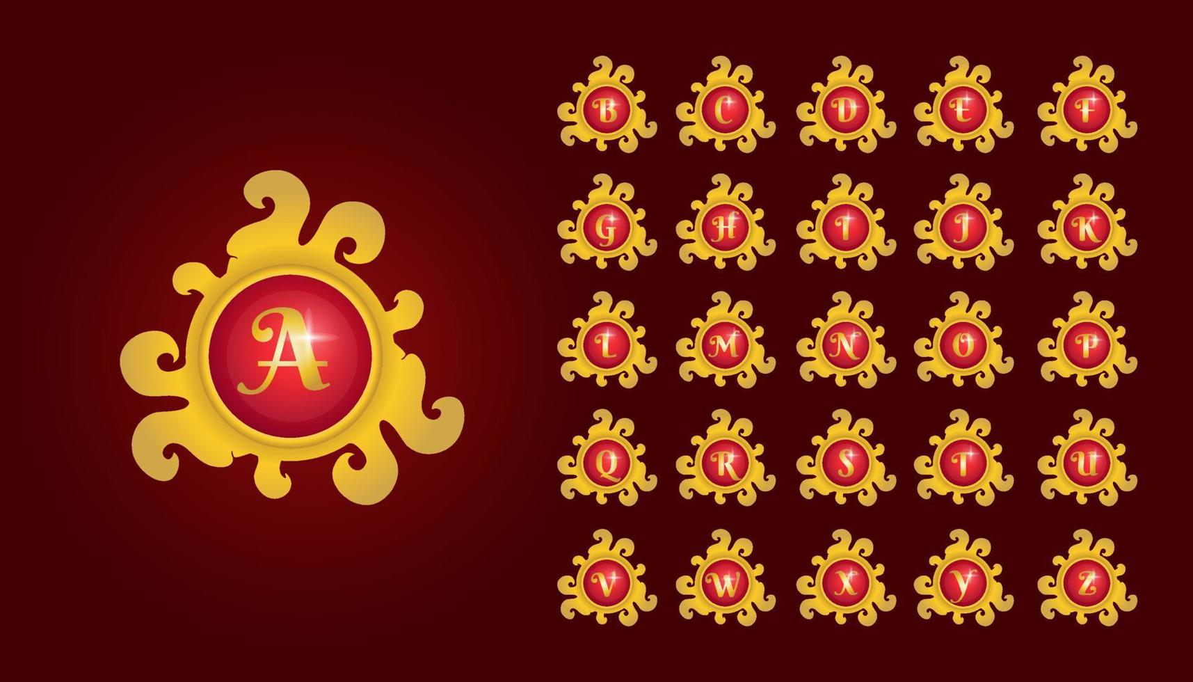 Letter A To Z Alphabet Logo Bundle. Decorative Brooch Design Set. Elegant Curl Floral. Luxury Gold Jewelry With Ruby Gems Vector Illustration Pack