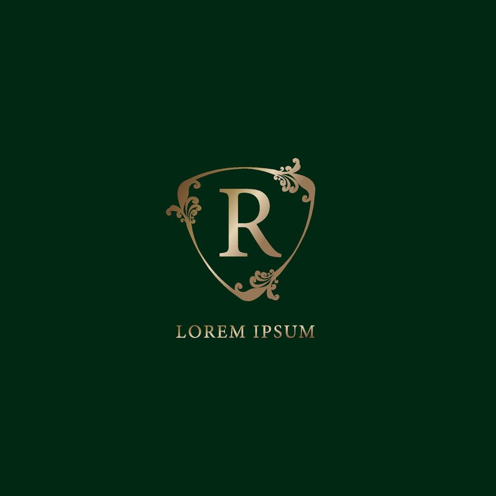 Letter R Alphabetic logo design template. Luxury gold decorative floral shield sign illustration isolated on dark green background. Insurance logo concept. vector