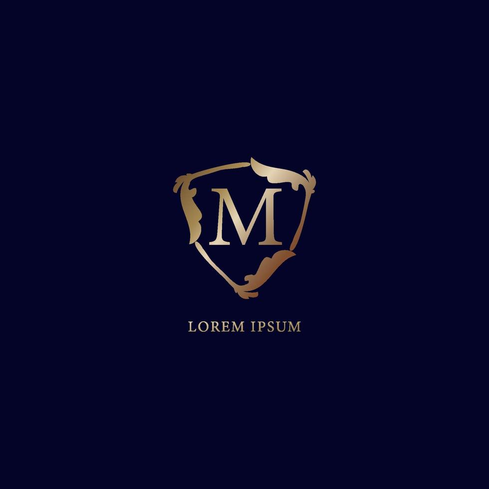 Letter M Alphabetic logo design template isolated on navy blue backgroud. Decorative floral shield sign illustration. Luxury metalic gold security logo concept. vector