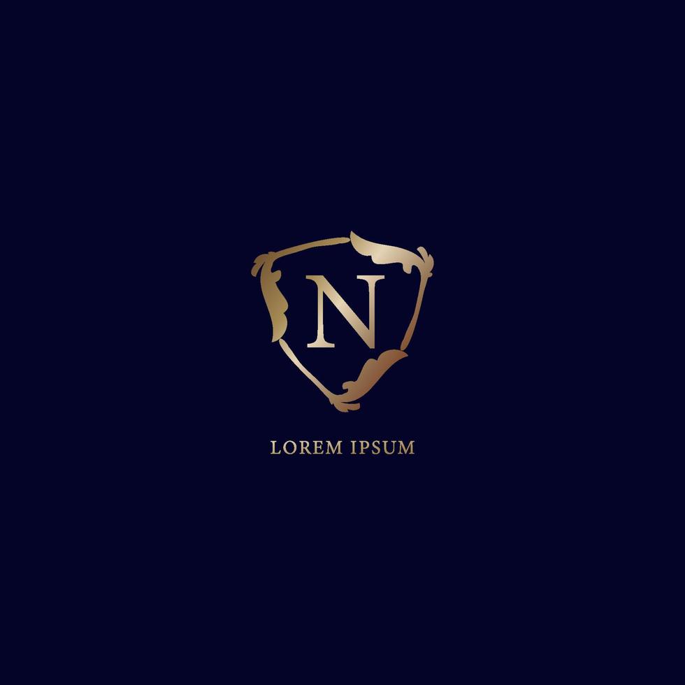 Letter N Alphabetic logo design template isolated on navy blue backgroud. Decorative floral shield sign illustration. Luxury metalic gold security logo concept. vector