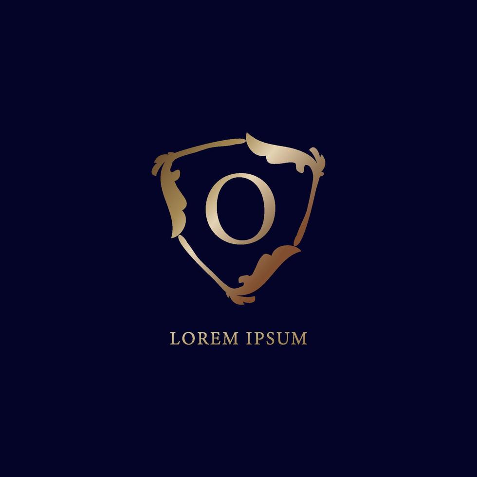 Letter O Alphabetic logo design template isolated on navy blue backgroud. Decorative floral shield sign illustration. Luxury metalic gold security logo concept. vector