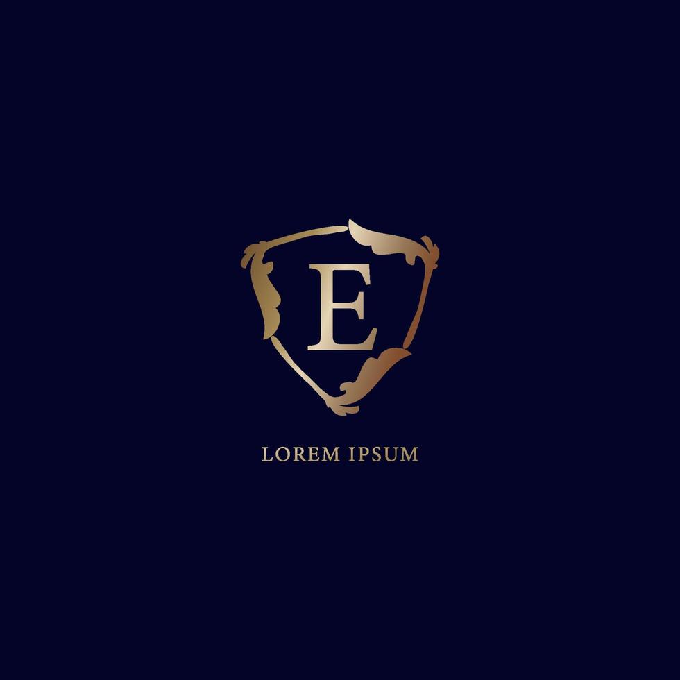 Letter E Alphabetic logo design template isolated on navy blue backgroud. Luxury metalic gold security logo concept. Decorative floral shield sign illustration vector