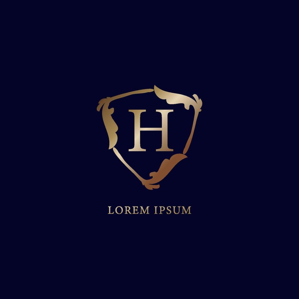 Letter H Alphabetic logo design template. Luxury metalic gold security logo concept.  isolated on navy blue backgroud. Decorative floral shield sign illustration vector