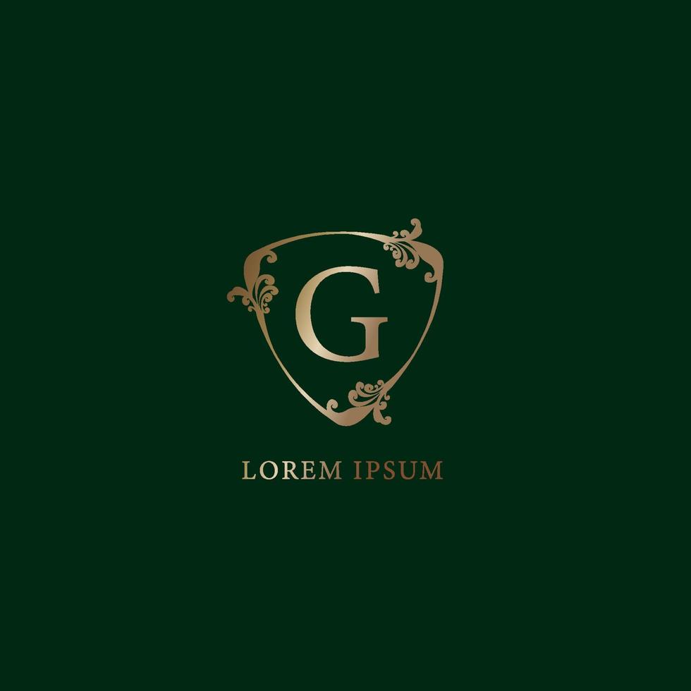 Letter G Alphabetic logo design template. Luxury gold decorative floral shield sign illustration isolated on dark green background. Insurance logo concept vector