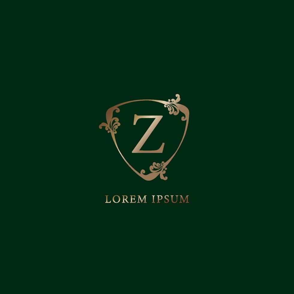 plantilla de diseño de logotipo alfabético de letra z. concepto de logotipo de seguro aislado sobre fondo verde oscuro. ilustración de signo de escudo floral decorativo de oro de lujo. vector