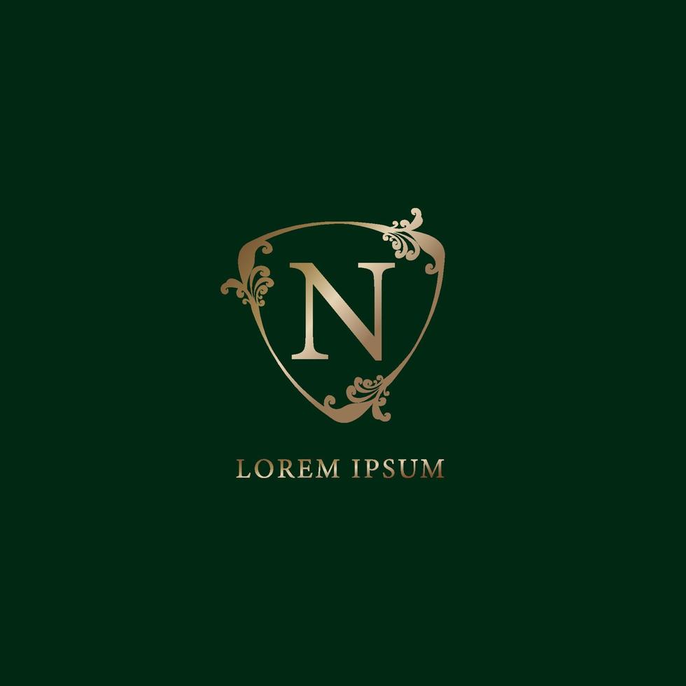 Letter N Alphabetic logo design template. Insurance logo concept isolated on dark green background. Luxury gold decorative floral shield sign illustration. vector