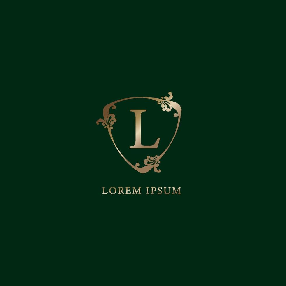 Letter L Alphabetic logo design template. Insurance logo concept isolated on dark green background. Luxury gold decorative floral shield sign illustration. vector
