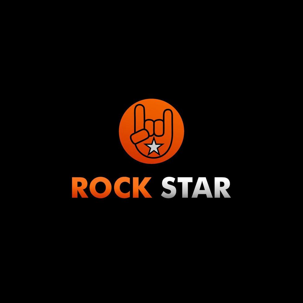 plantilla de diseño de logotipo de estrella de rock, concepto de signo de mano de metal, negro, naranja, blanco, elipse, forma redondeada, vector