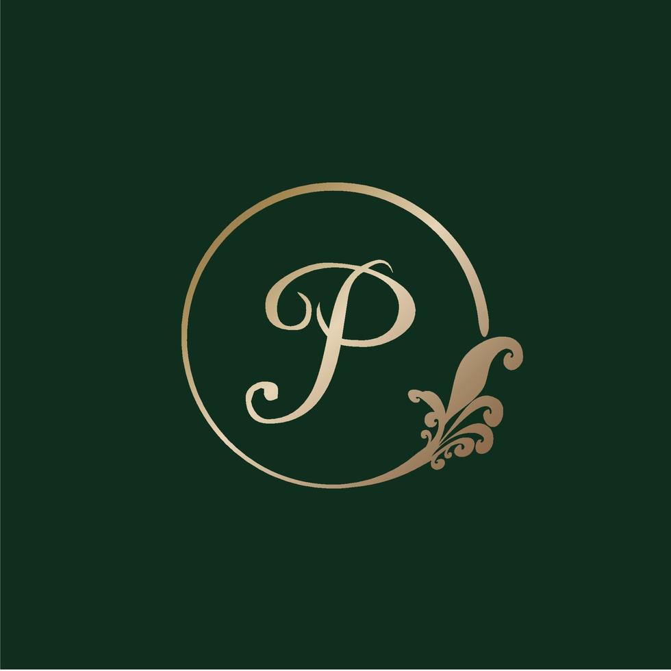 Letter P Decorative Alphabet Logo isolated on green Background. Luxury gold ring Initial Abjad Logo Design Template. Elegant Curl Floral Logo Concept. EPS 10 File Project vector