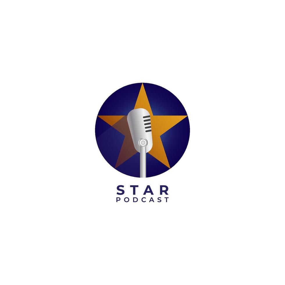 Podcast or stand up comedy logo design template. Retro microphone illustration with yellow star and blue ellipse shape. Broadcasting, Host, Announcer, Anchor, Radio Station vector