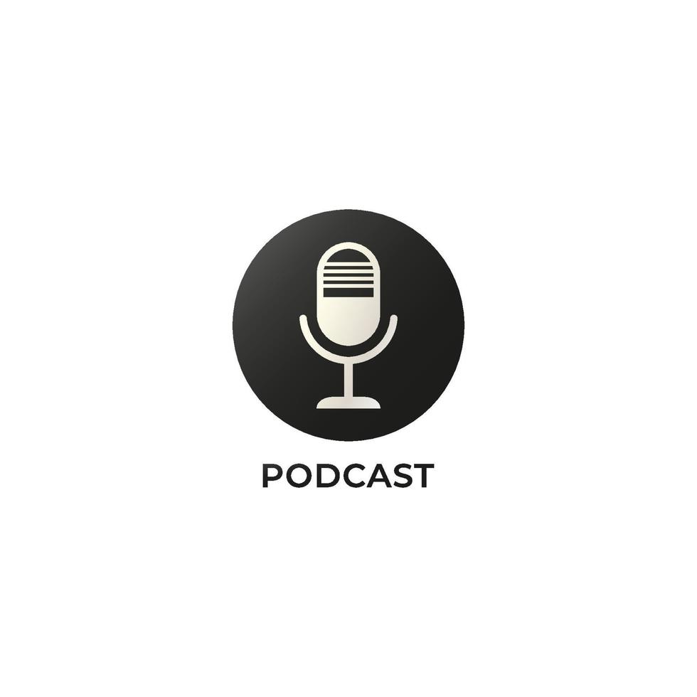logotipo de podcast en blanco y negro aislado en fondo blanco. ilustración de micrófono de condensador. logotipo pictórico. transmisión, estación de radio. vector