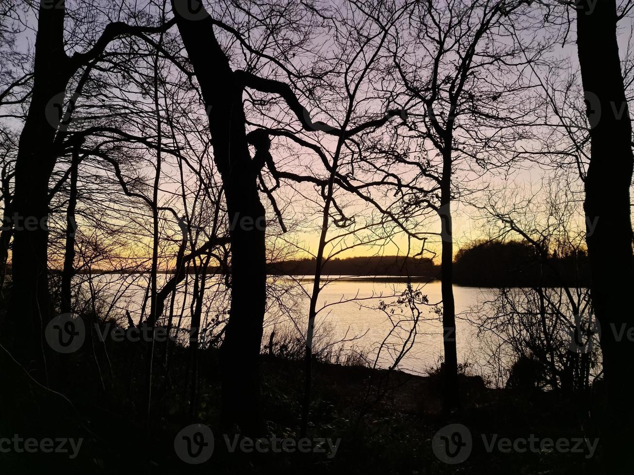 un lago al atardecer con siluetas de árboles. foto