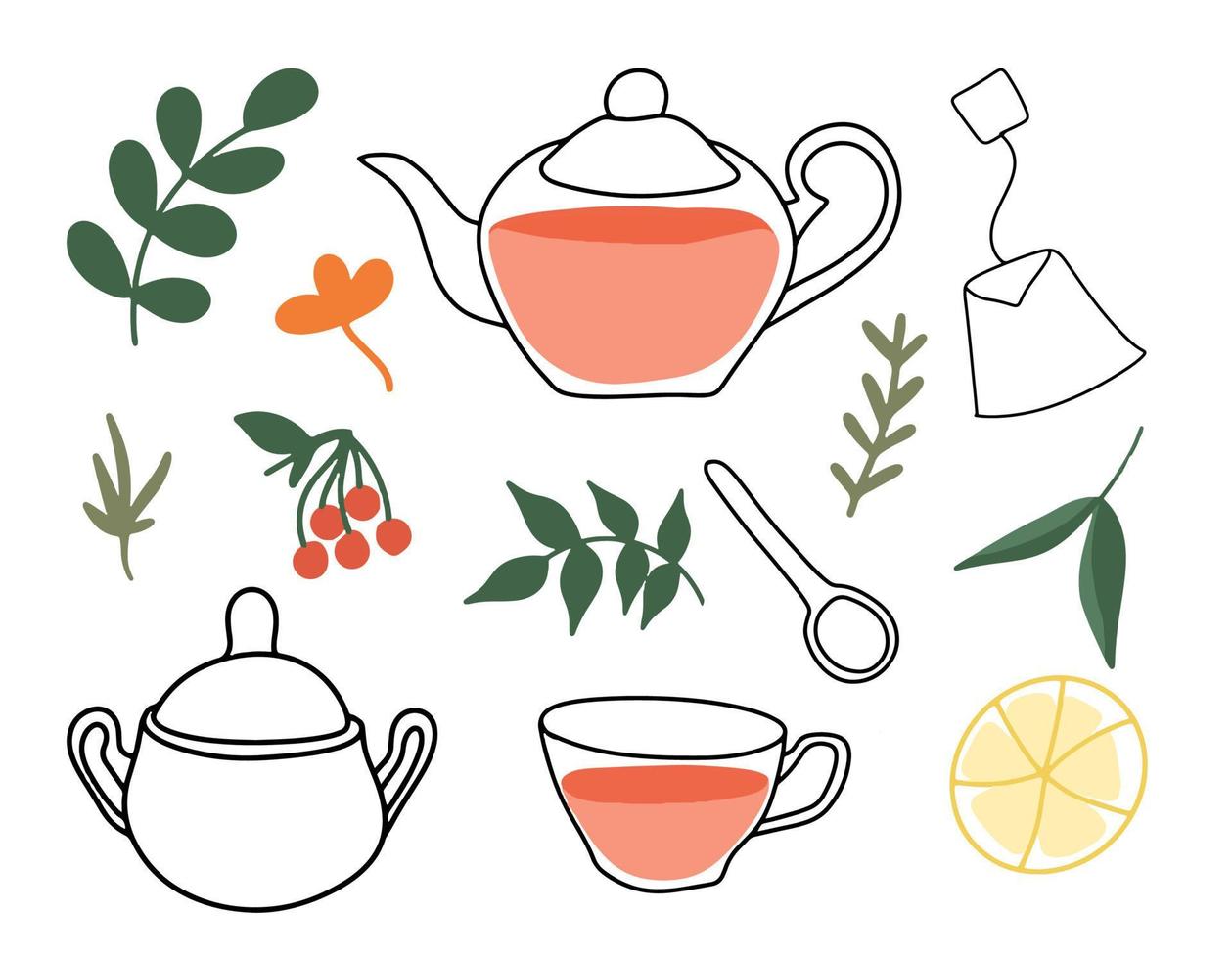 juego de ceremonia del té, té de hierbas y frutas. el concepto de una taza de té con té orgánico con hierbas, limón, ceniza de montaña a la hora del desayuno vector