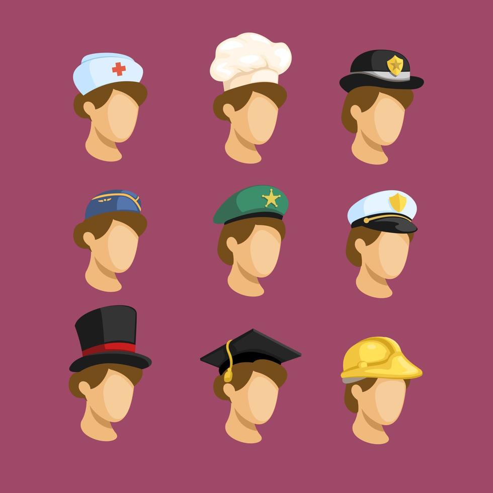 Woman head avatar wear hat symbol for occupation collection set cartoon illustration vector