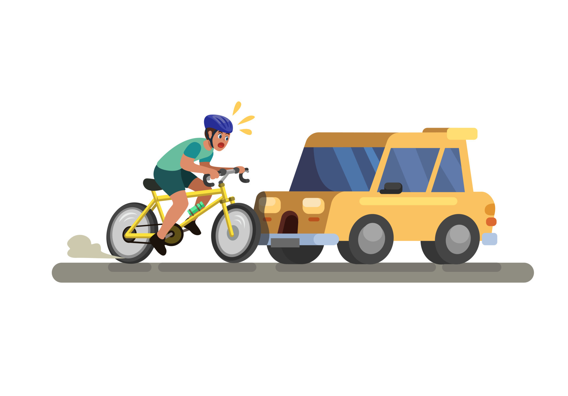Car crash hit rider bicycle. car accident scene cartoon illustration
