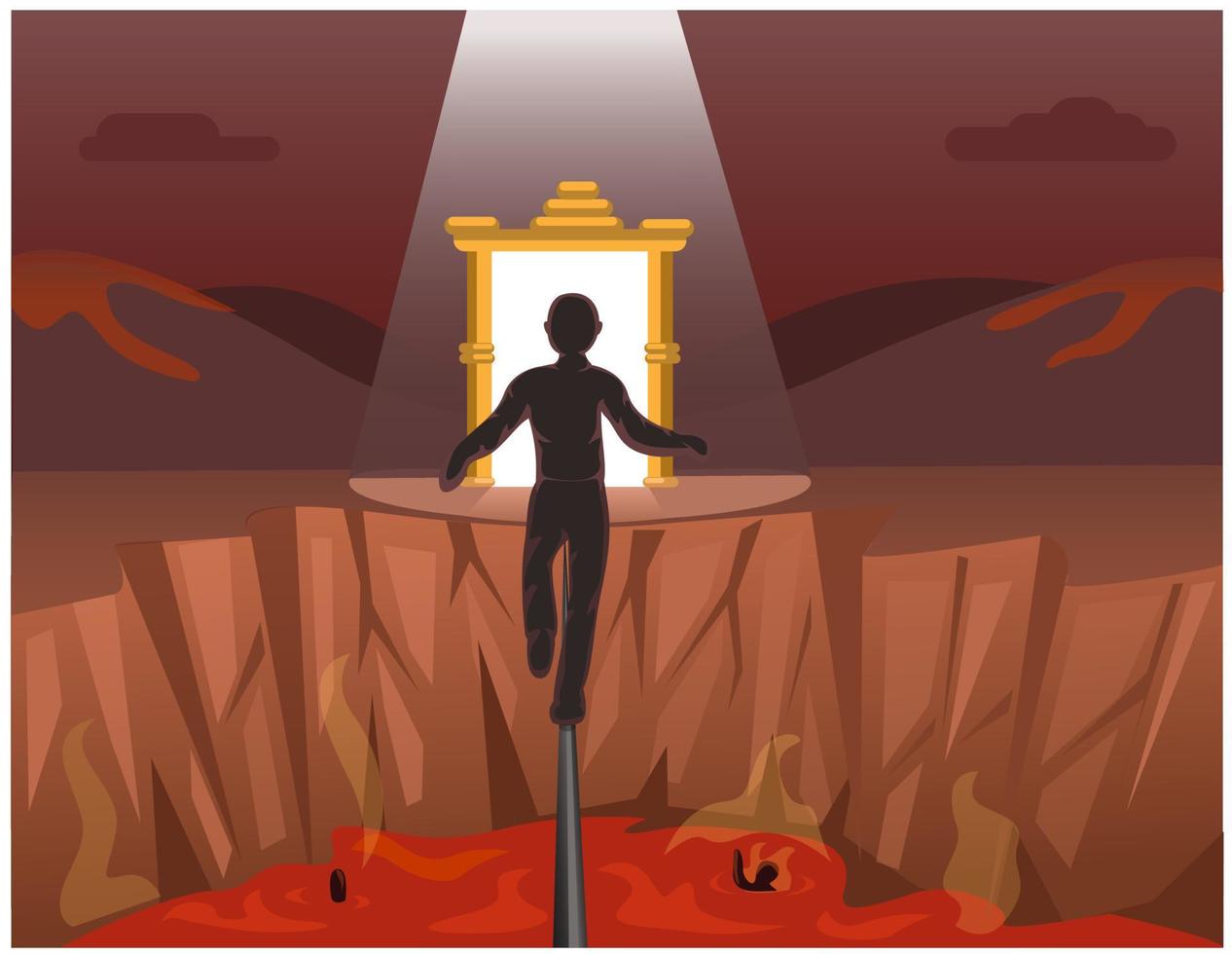 Person walk on a rope to go across hell to heaven gate. religion spiritual journey scene cartoon illustration vector