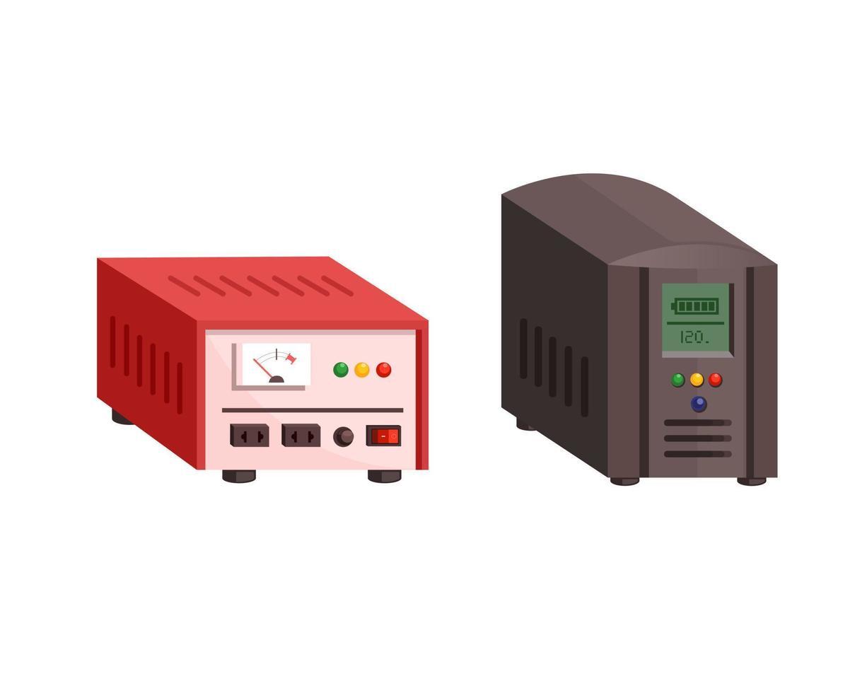 comparacion de bateria de ups y estabilizador electrico. vector de ilustración de conjunto de objetos de dispositivo estabilizador de voltaje