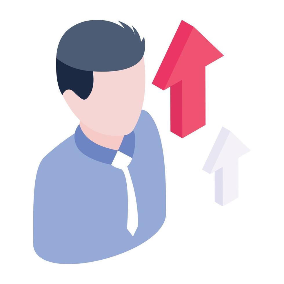 Person with up arrows, isometric icon of user growth vector