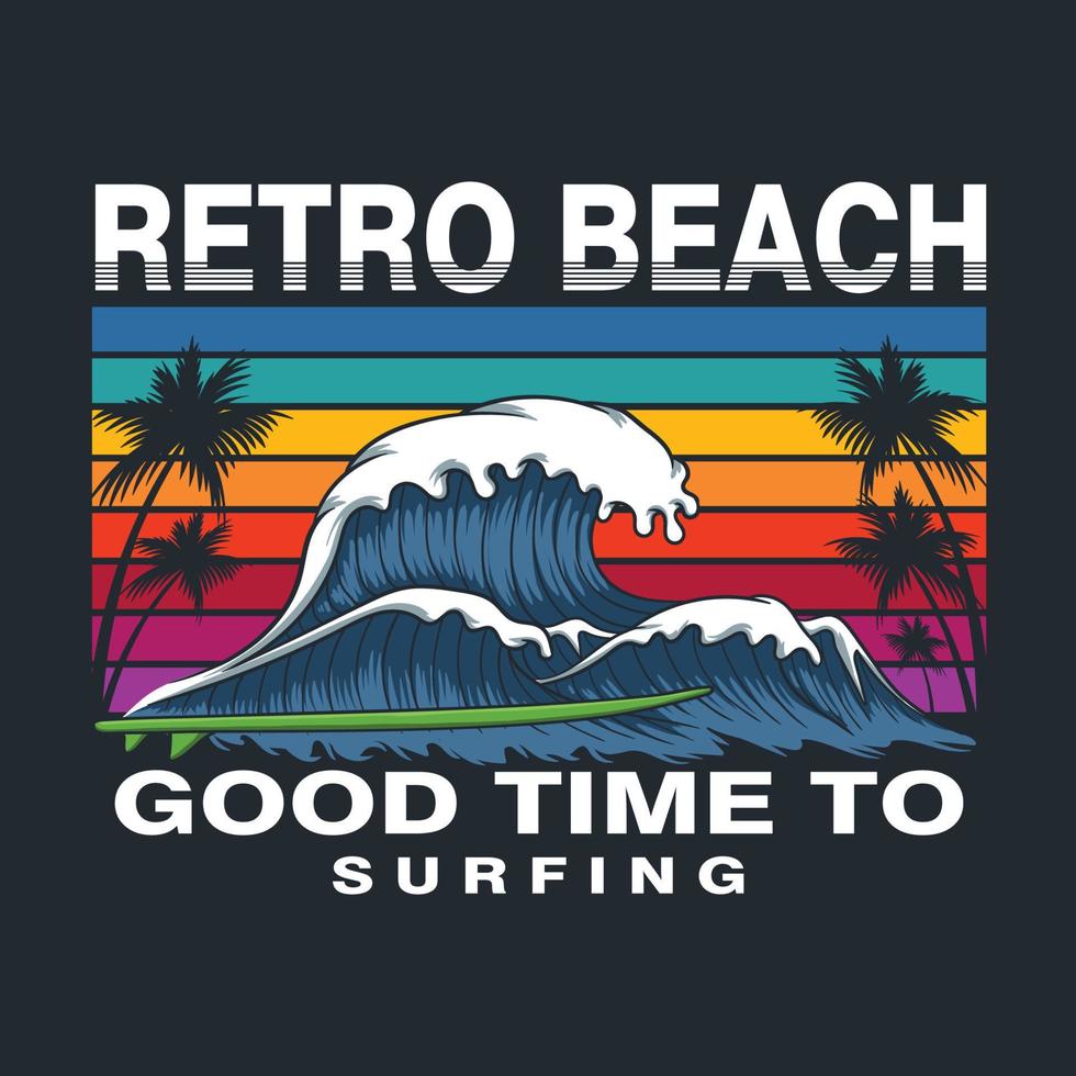 Retro beach sea waves surfing vector illustration