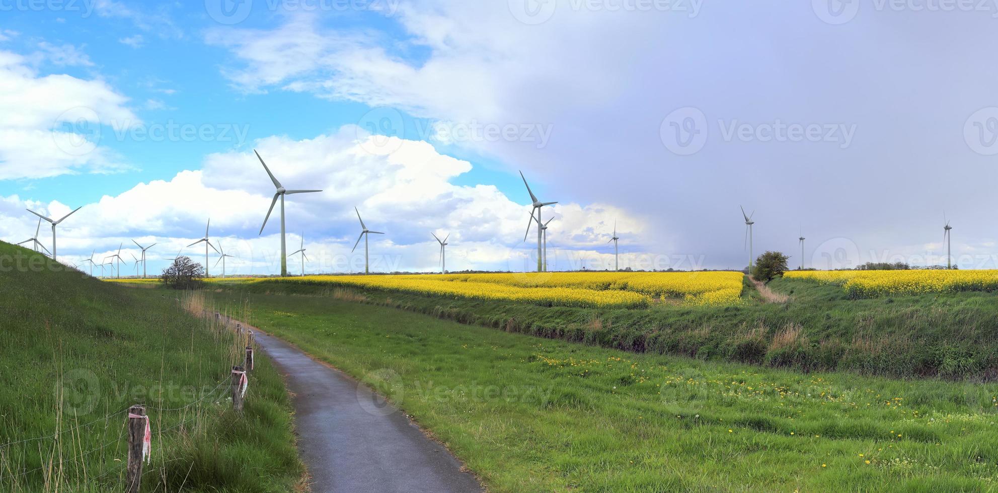 vista panorámica de los molinos de viento de energía alternativa en un parque eólico en el norte de europa foto