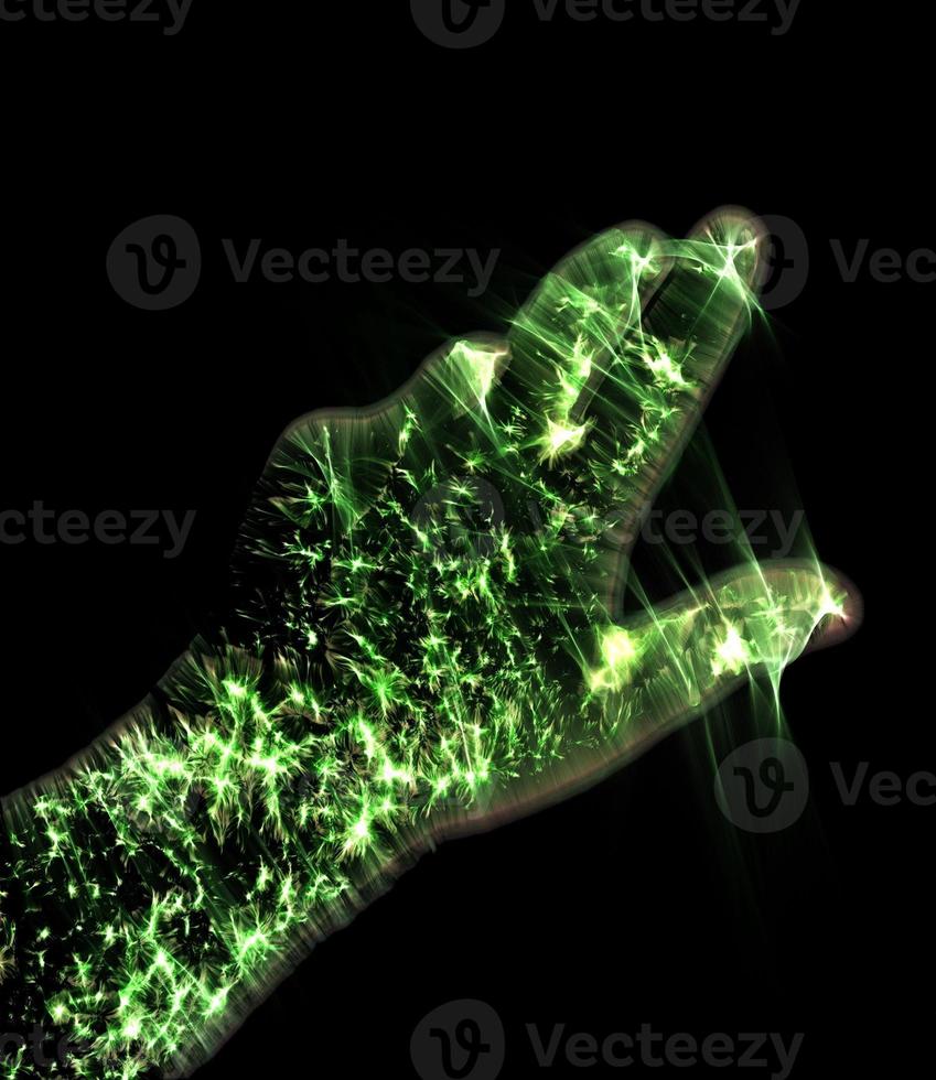 3D-Illustration of a glowing human male hand with a kirlian aura showing symbols photo